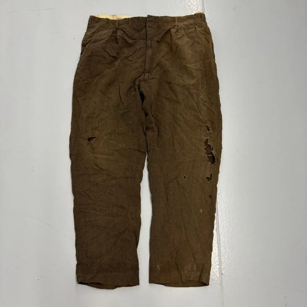 Vintage 50s Brown Rayon Cotton Distressed Trousers 38x30
